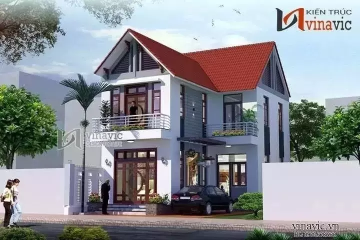 Mẫu nhà 2 tầng 5 phòng ngủ 100m2 hình chữ L