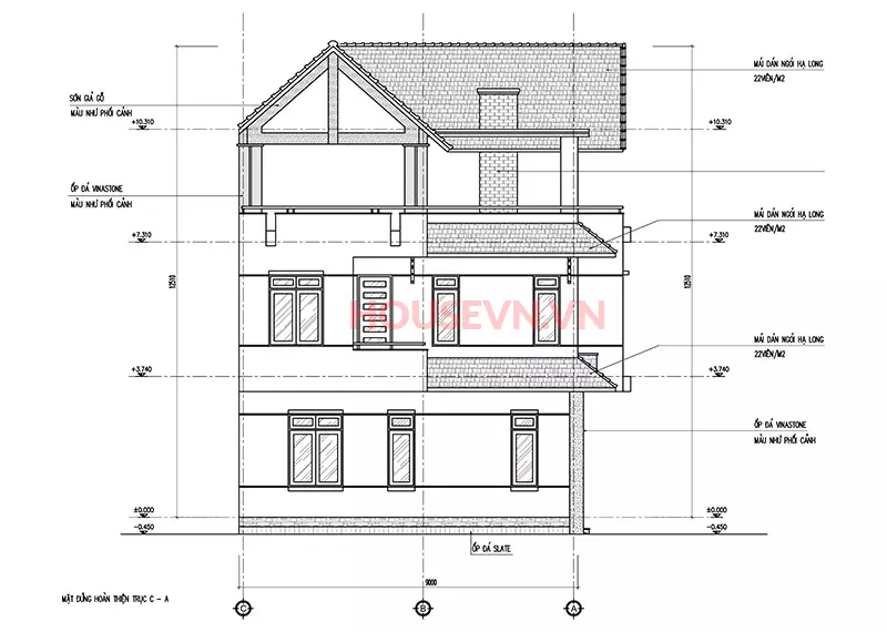 bản vẽ mặt cắt của biệt thự mái ngói 3 tầng đẹp tại Hà Nội