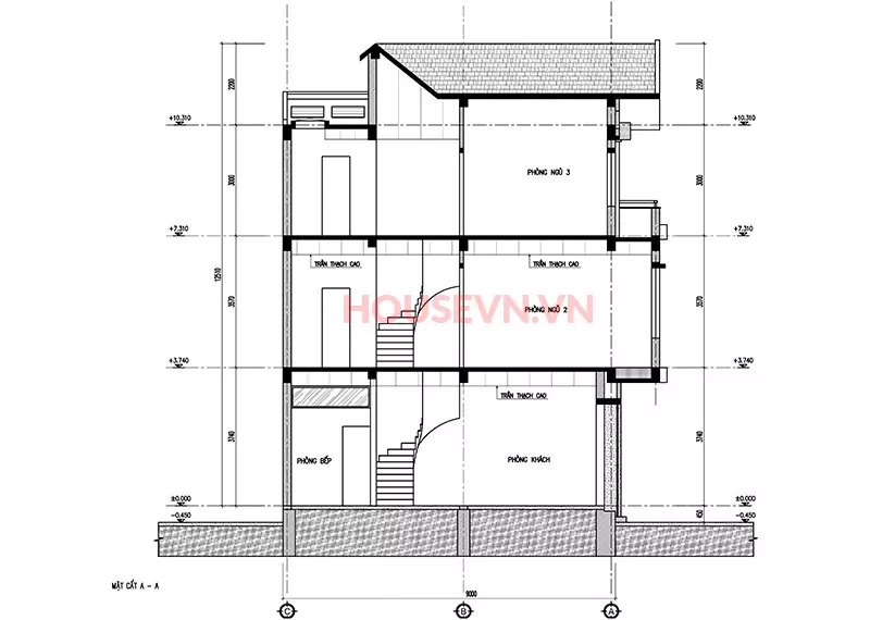 bản vẽ mặt đứng biệt thự mái ngói 3 tầng