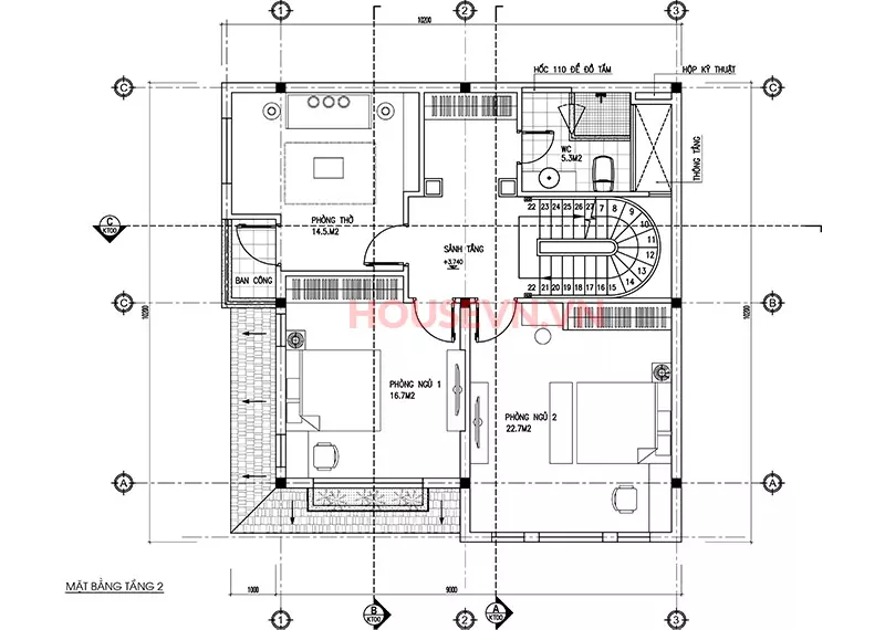 mặt bằng tầng 2 biệt thự hiện đại 3 tầng đẹp