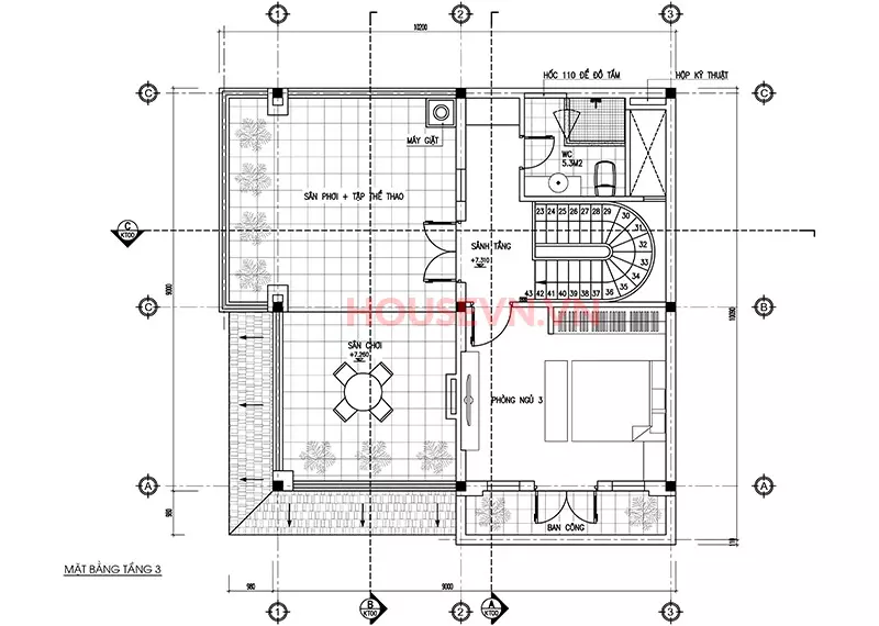 bản vẽ mặt bằng tầng 3 biệt thự hiện đại mái ngói