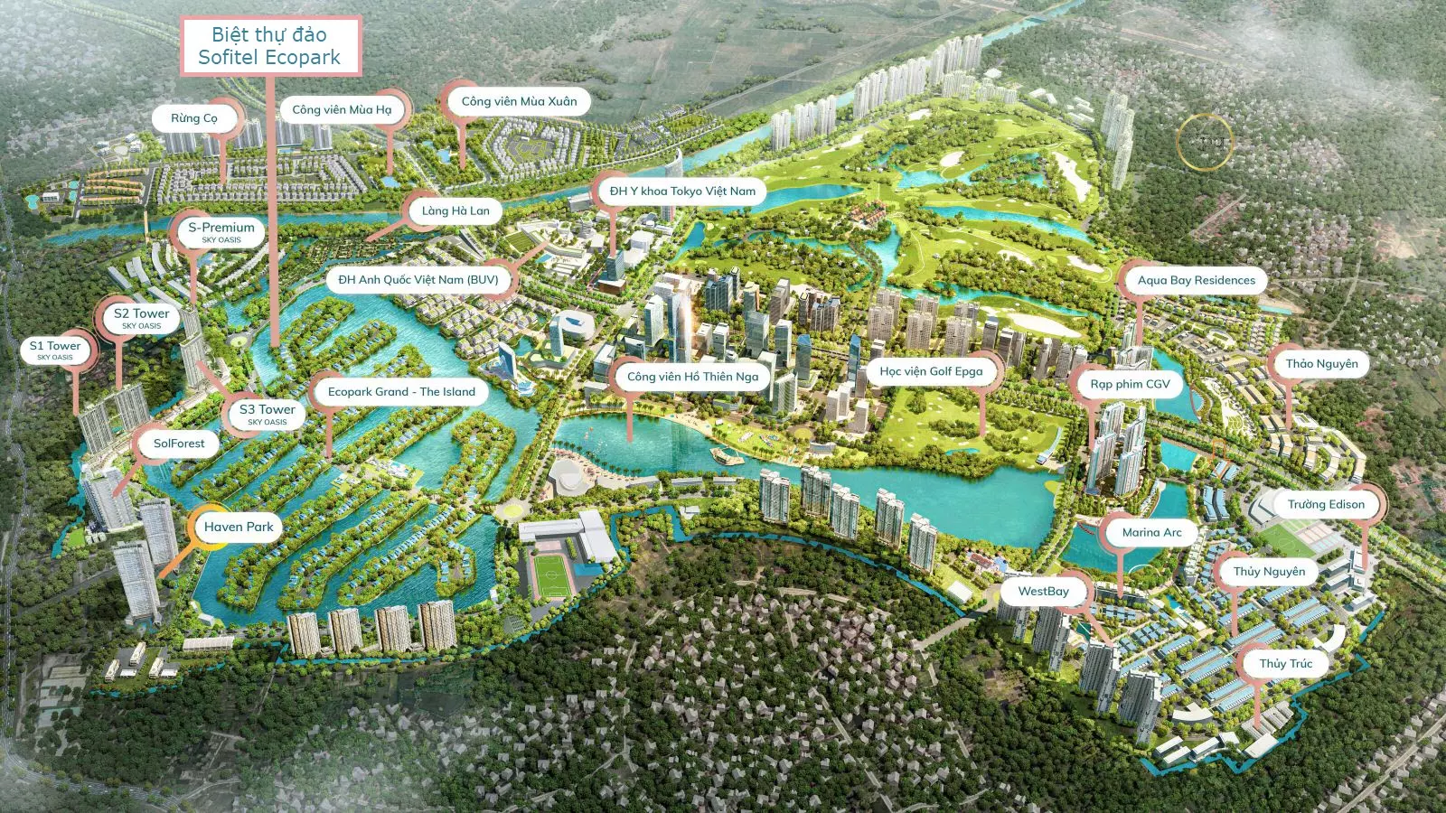 Vị trí biệt thự đảo Sofitel Ecopark trung tâm của khu đô thị Ecopark