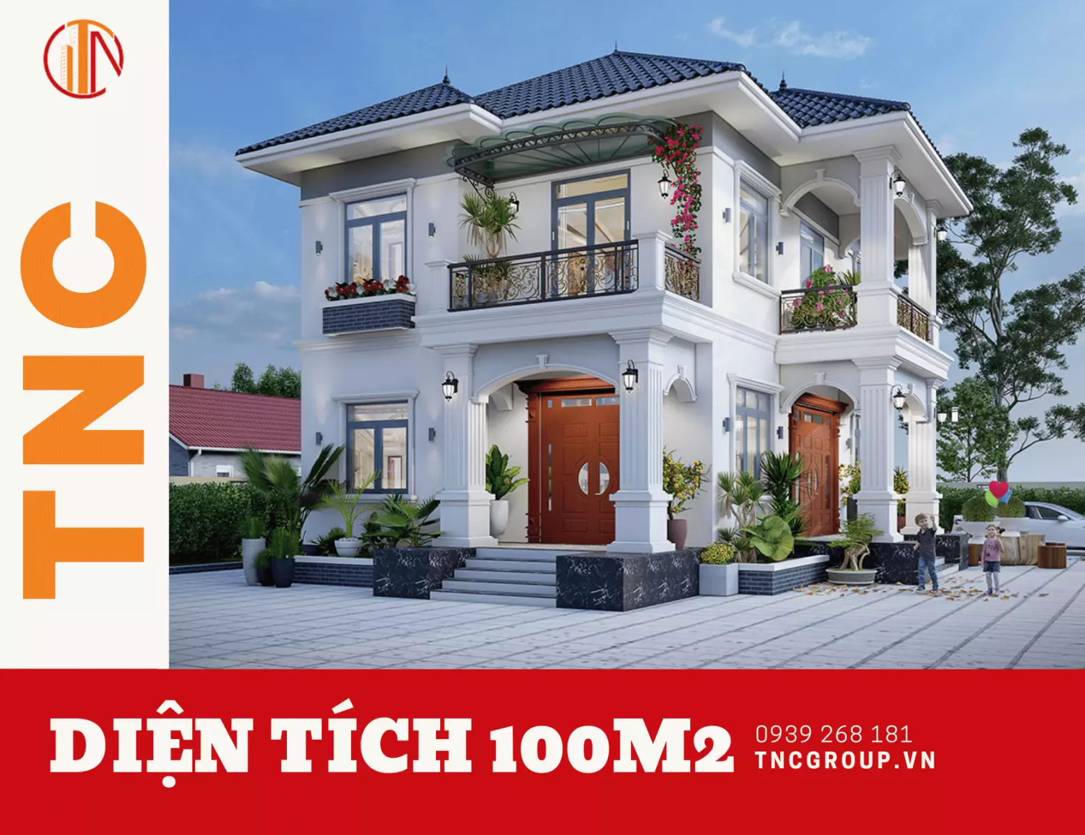 Mẫu nhà biệt thự 2 tầng mái Thái 5 phòng ngủ 100m2