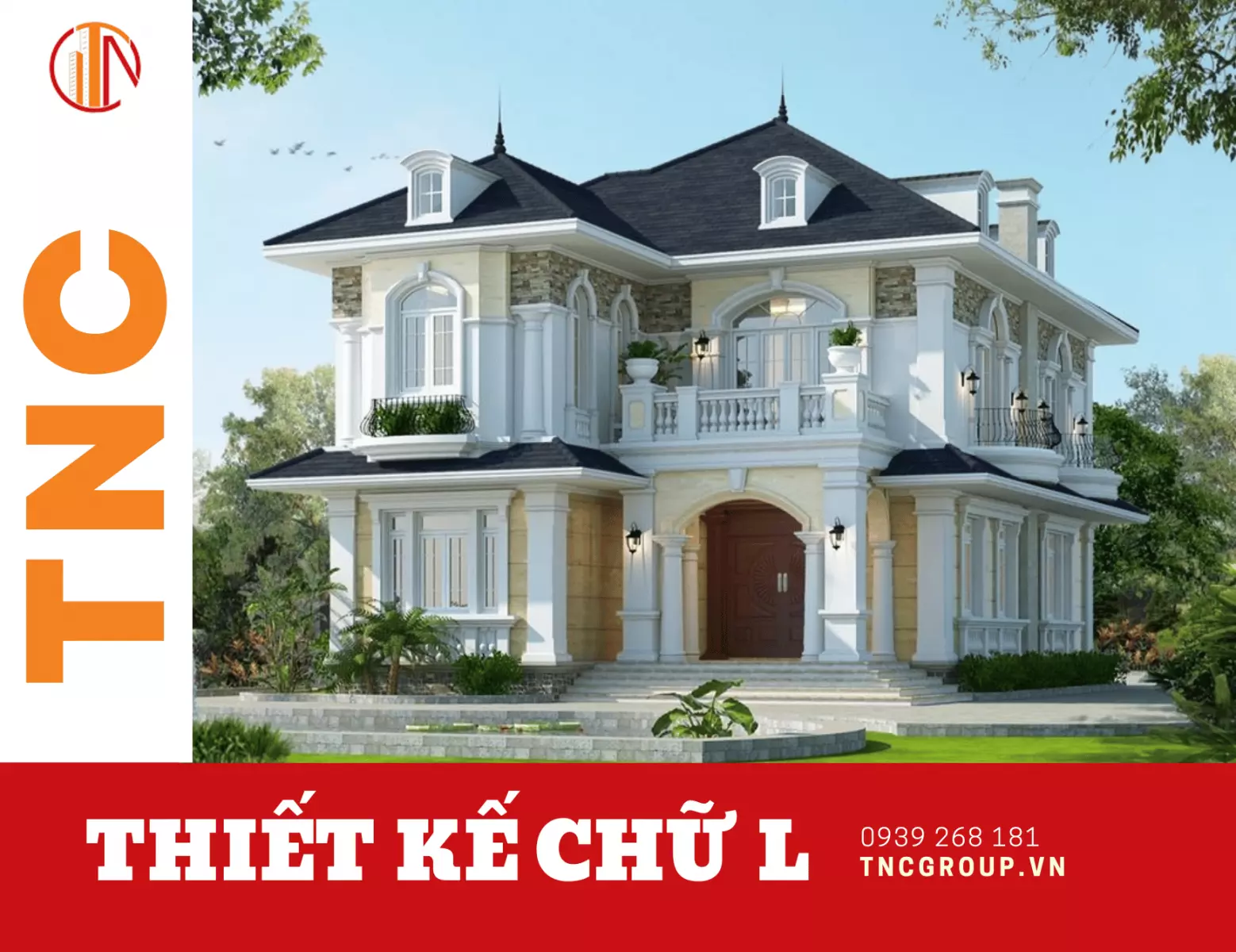 Thiết kế biệt thự 2 tầng 5 phòng ngủ chữ L