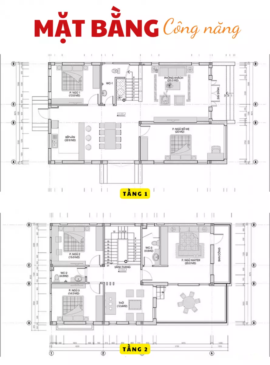 Bản vẽ mặt bằng nhà biệt thự 2 tầng 5 phòng ngủ