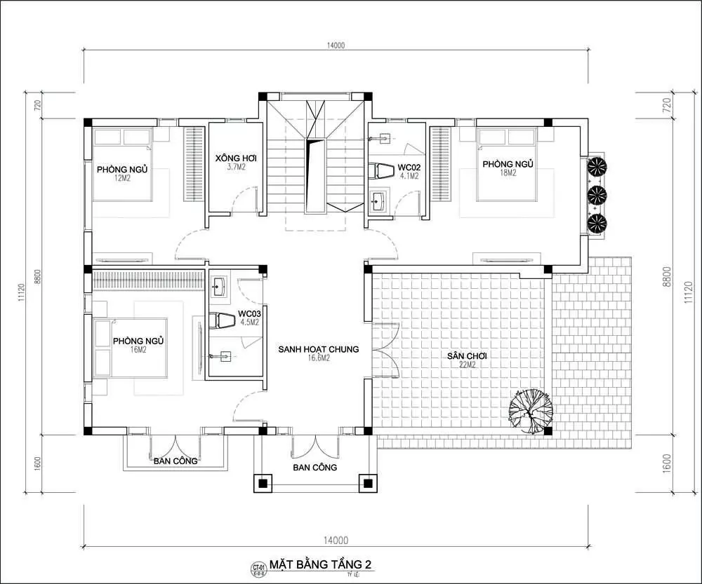 Mẫu 2: Mặt bằng biệt thự tầng 2 đầy đủ tiện nghi và không gian riêng cho gia đình