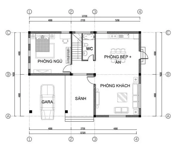 Mặt bằng bố trí tầng trệt biệt thự nhỏ đơn giản