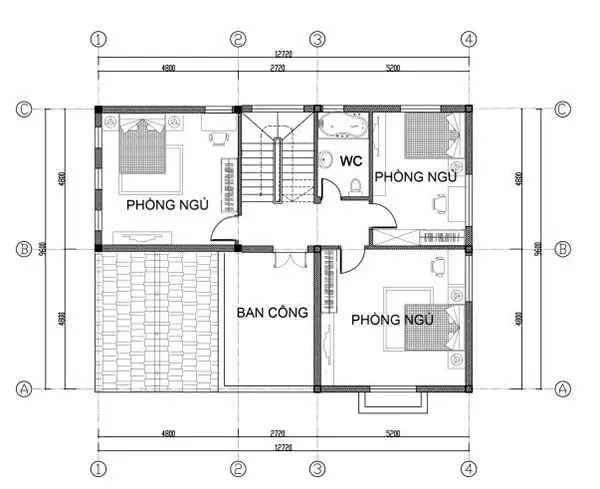 Mặt bắng bố trí tầng 2 biệt thự với 3 phòng ngủ