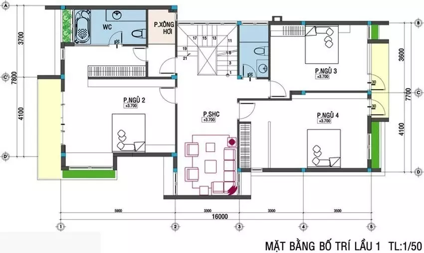 Bản vẽ mặt bằng tầng 2 của biệt thự