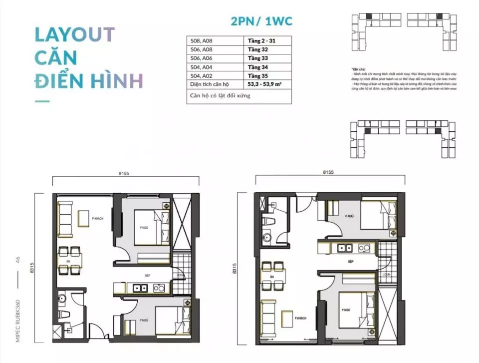 Thiết kế căn hộ 2 ngủ 1wc