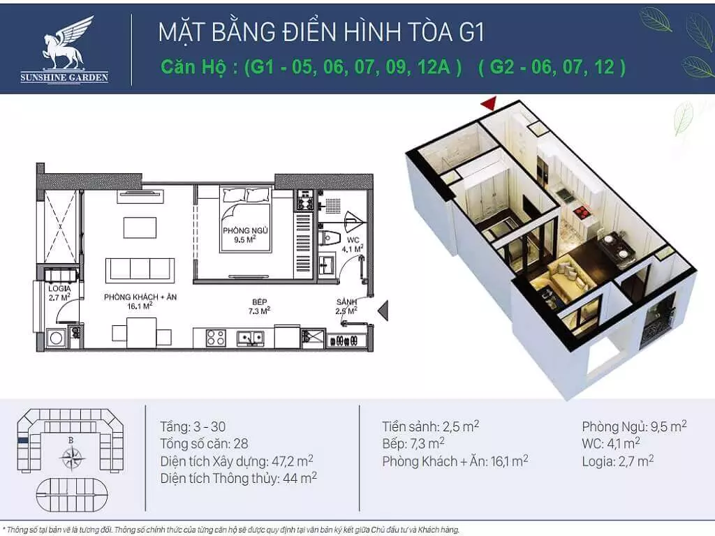 Bán Căn hộ 1 phòng ngủ 45m2 sunshine garden