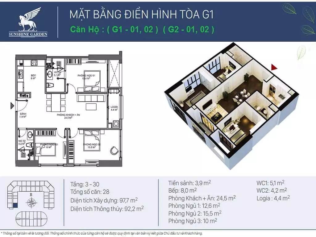 Bán căn hộ sunshine gardens 3 phòng ngủ