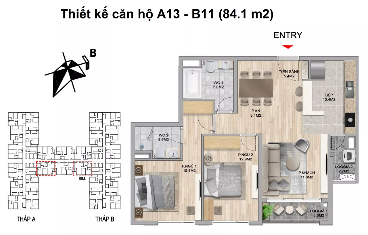 thiết kế căn hộ 2 ngủ 84.1 m2