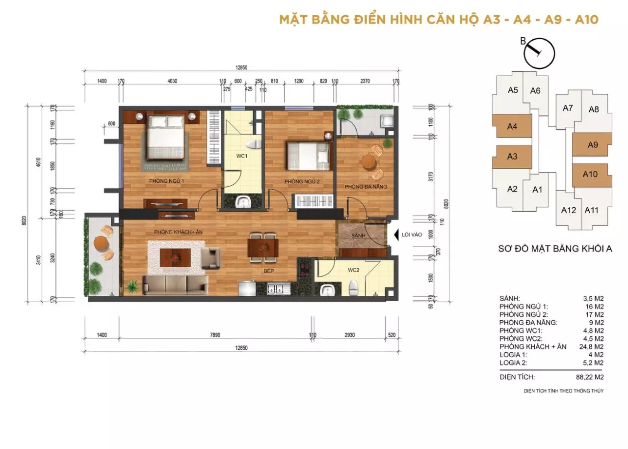 Mặt bằng căn 88m2 Thống Nhất Complex