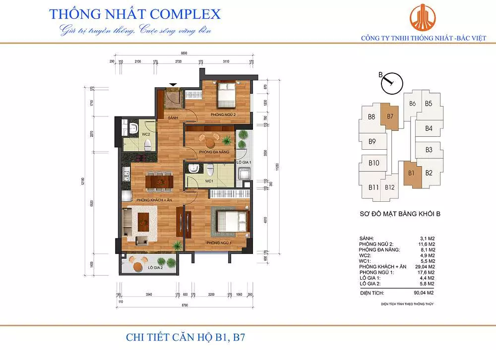 Mặt bằng căn 90m2 Thống Nhất Complex