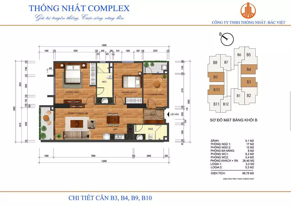 Mặt bằng căn 88m2 Thống Nhất Complex