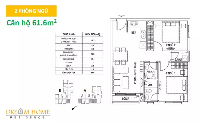 căn 61,6m2 căn hộ dream home