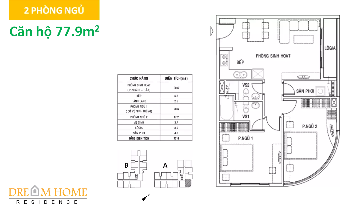 căn 74m2 3 phòng ngủ dream 2