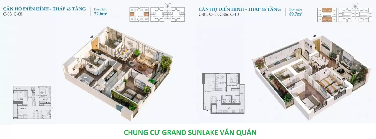 Thiết kế căn 2 phòng ngủ tháp 45 tầng