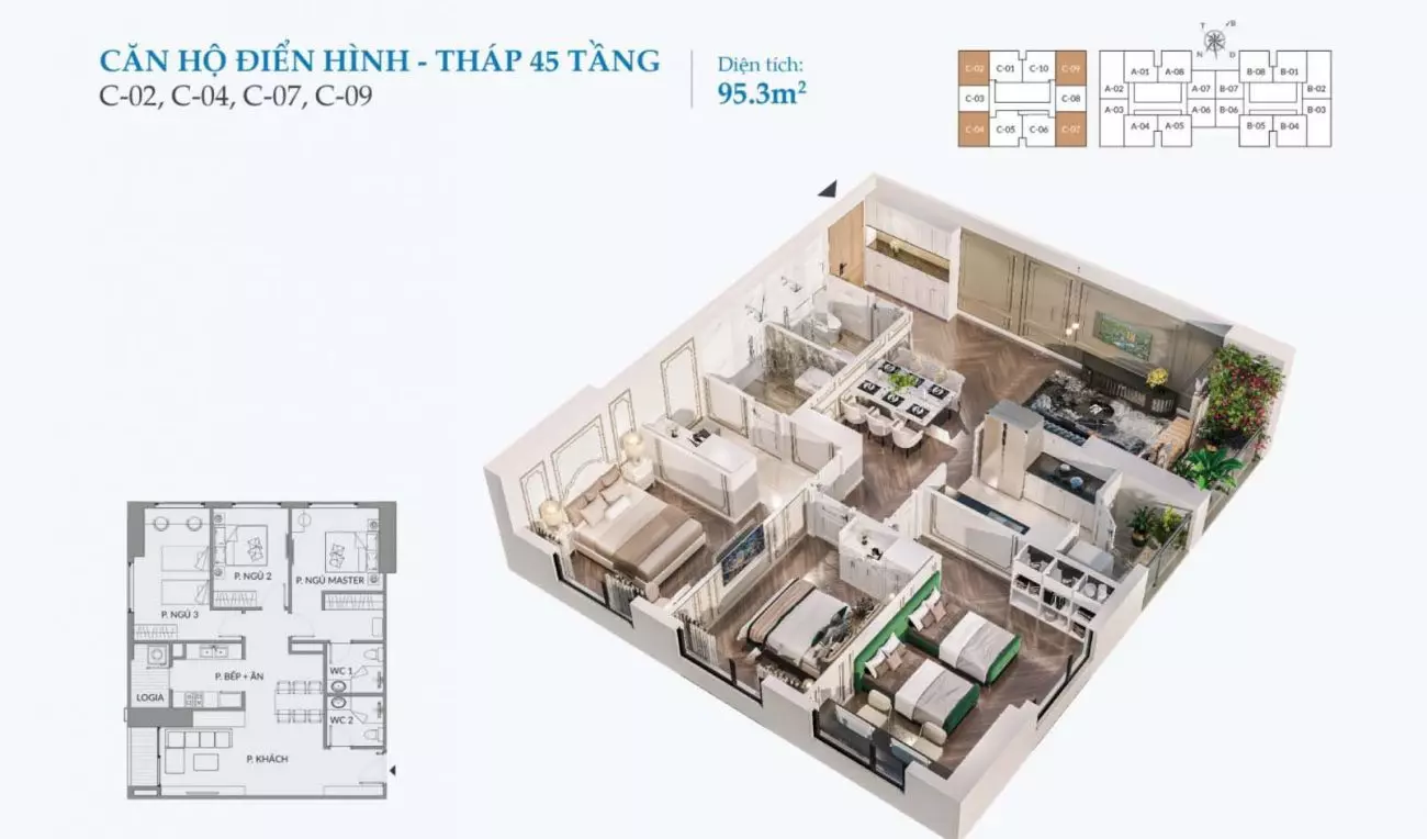 Thiết kế căn 3 phòng ngủ tháp 45 tầng