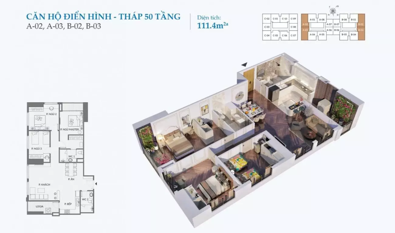 Thiết kế căn 3 phòng ngủ tháp 50 tầng