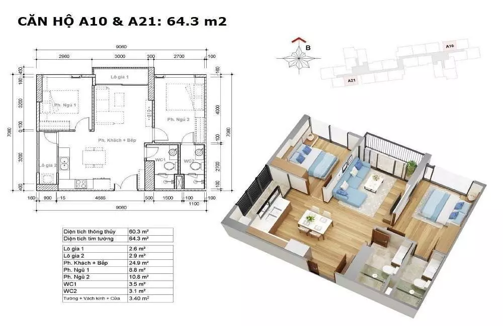 Bố trí mặt bằng chung cư 2 phòng ngủ