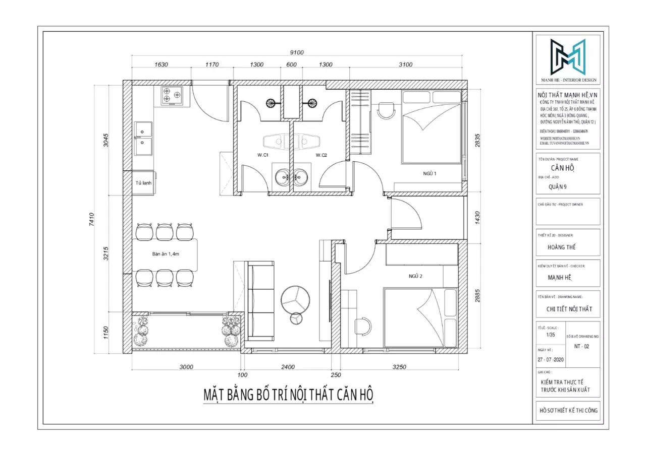 Bố trí mặt bằng căn hộ chung cư 2 phòng ngủ