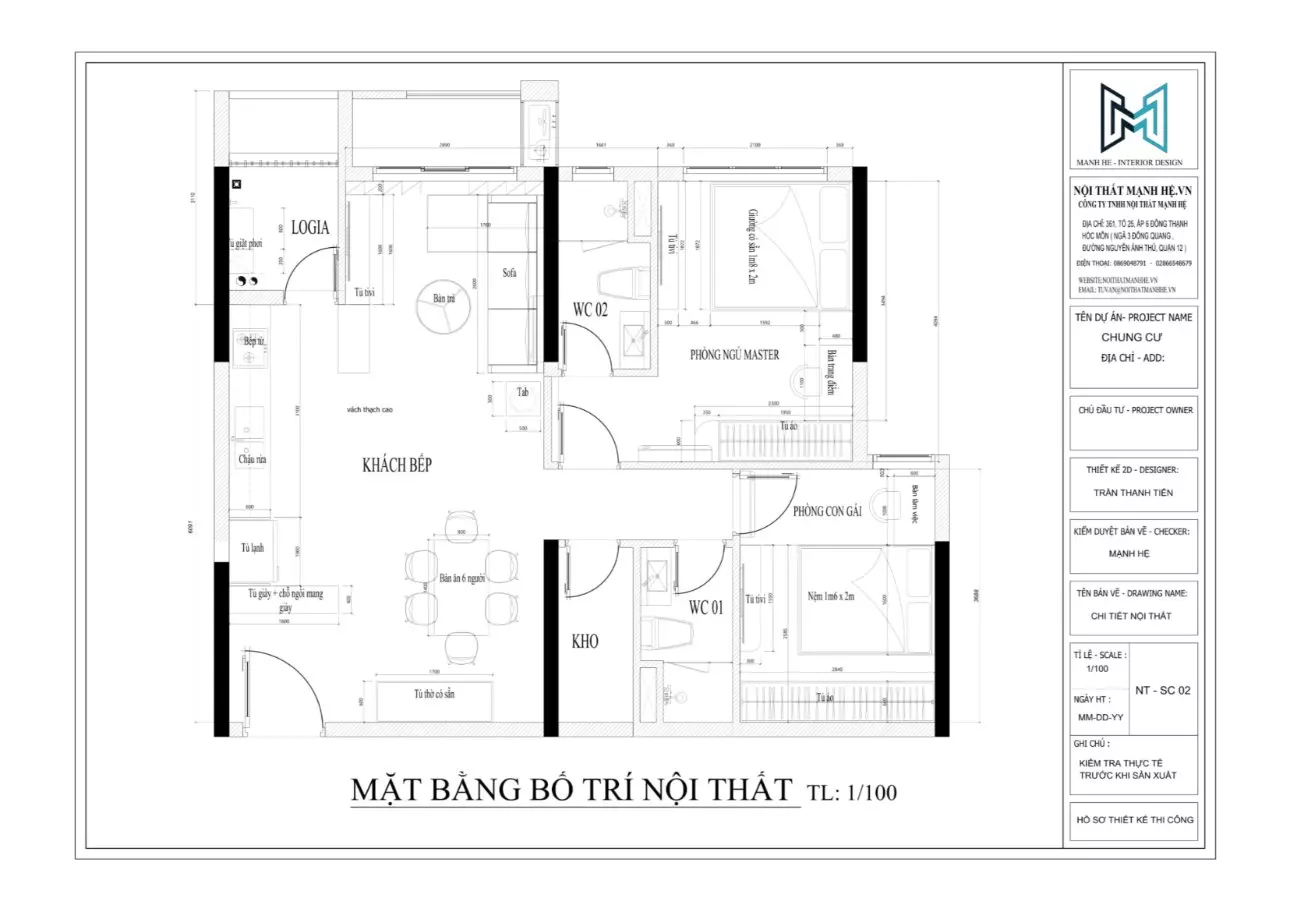 Mặt bằng bố trí nội thất căn hộ 2 phòng ngủ