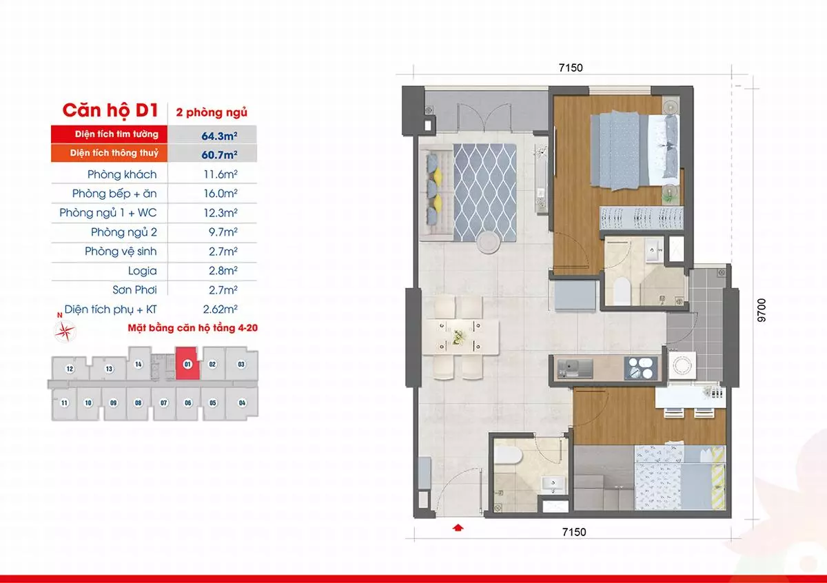 Bố trí mặt bằng chung cư 123m2