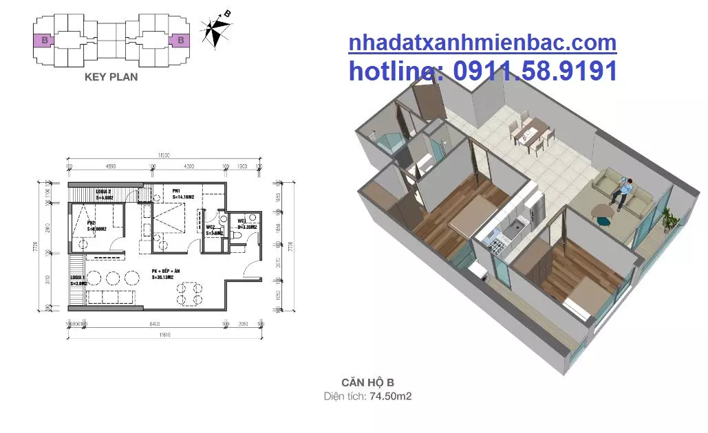 Căn hộ 02 ngủ diện tích 78m2