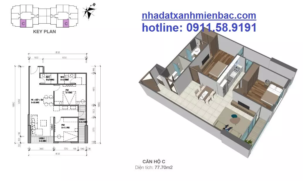 Căn hộ 02 ngủ diện tích 75m2