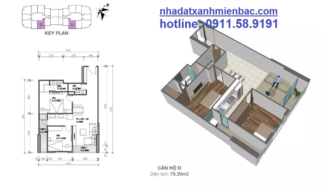 Căn hộ 02 ngủ diện tích 74,3m2