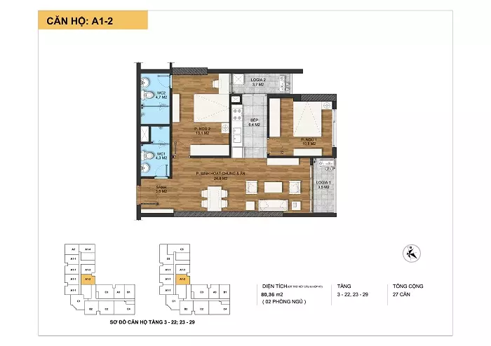 Kiến trúc căn hộ A1-2 tại Dự án