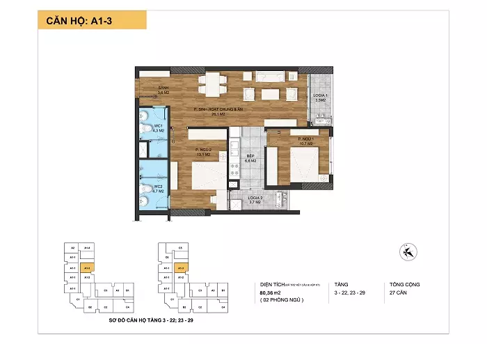 Kiến trúc căn hộ A1-3 tại Dự án