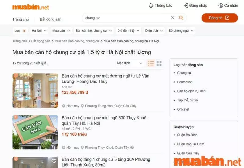 Tra cứu thông tin chung cư 1.5 tỷ Hà Nội nhanh tại Muaban.net