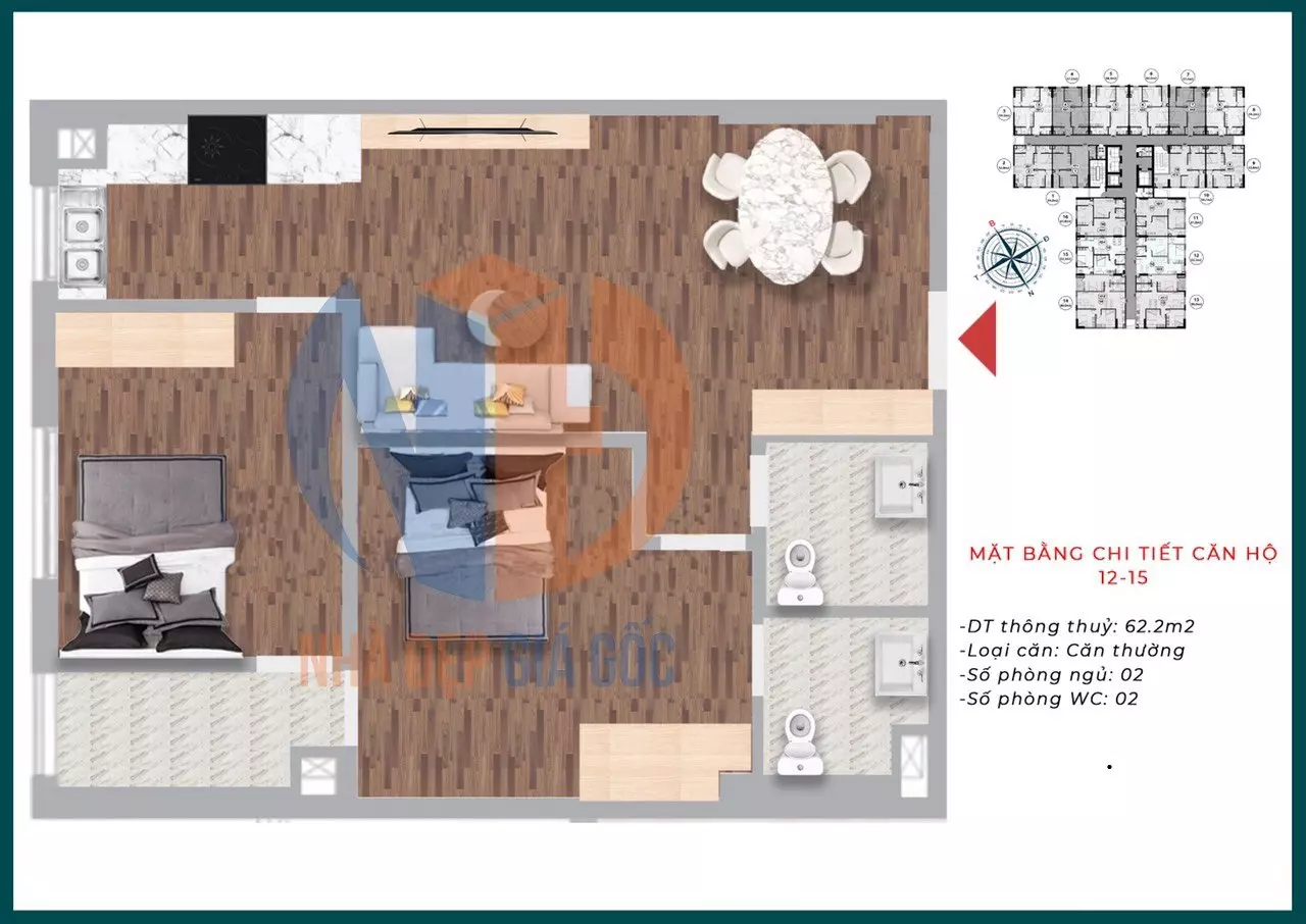 Căn hộ 12, 15 diện tích 62,2m2 xphomes star Tân Tây Đô