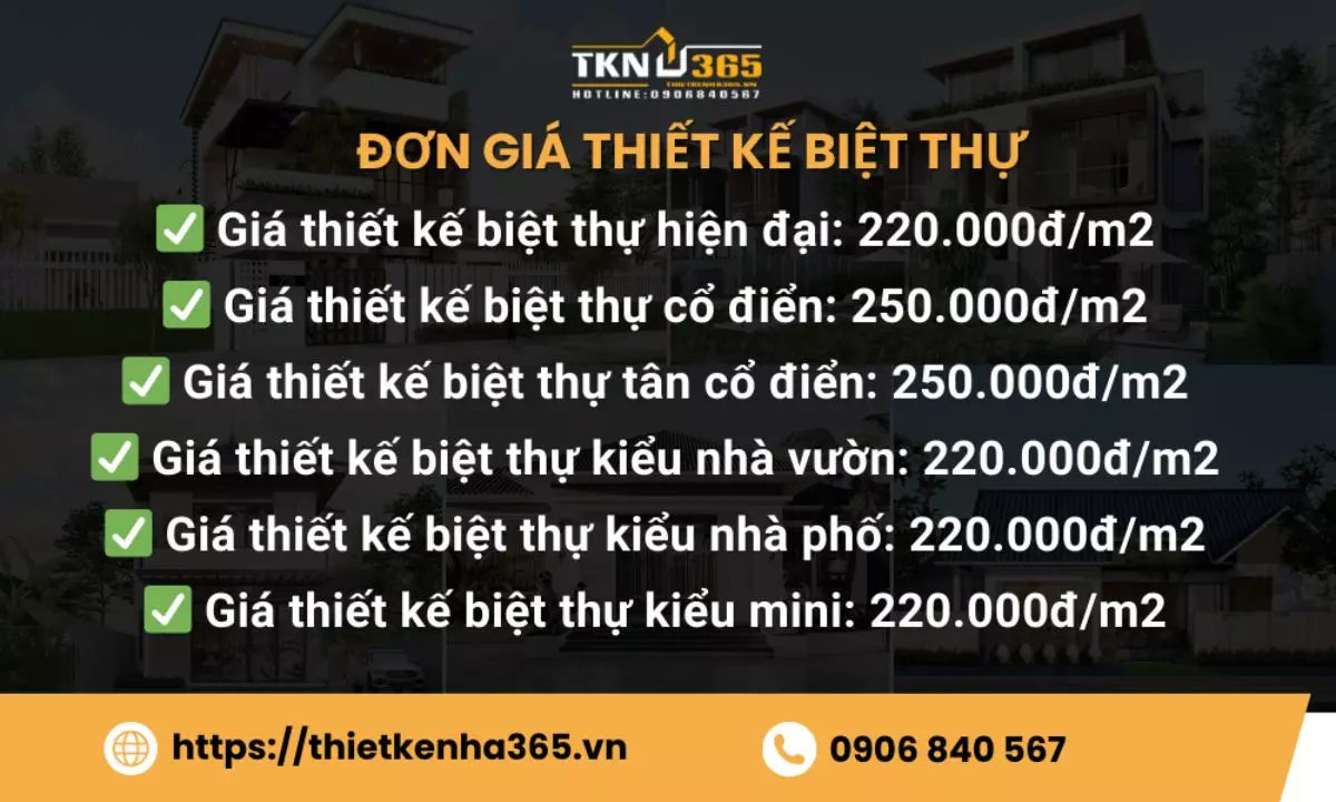 Bảng giá thiết kế nội thất biệt thự