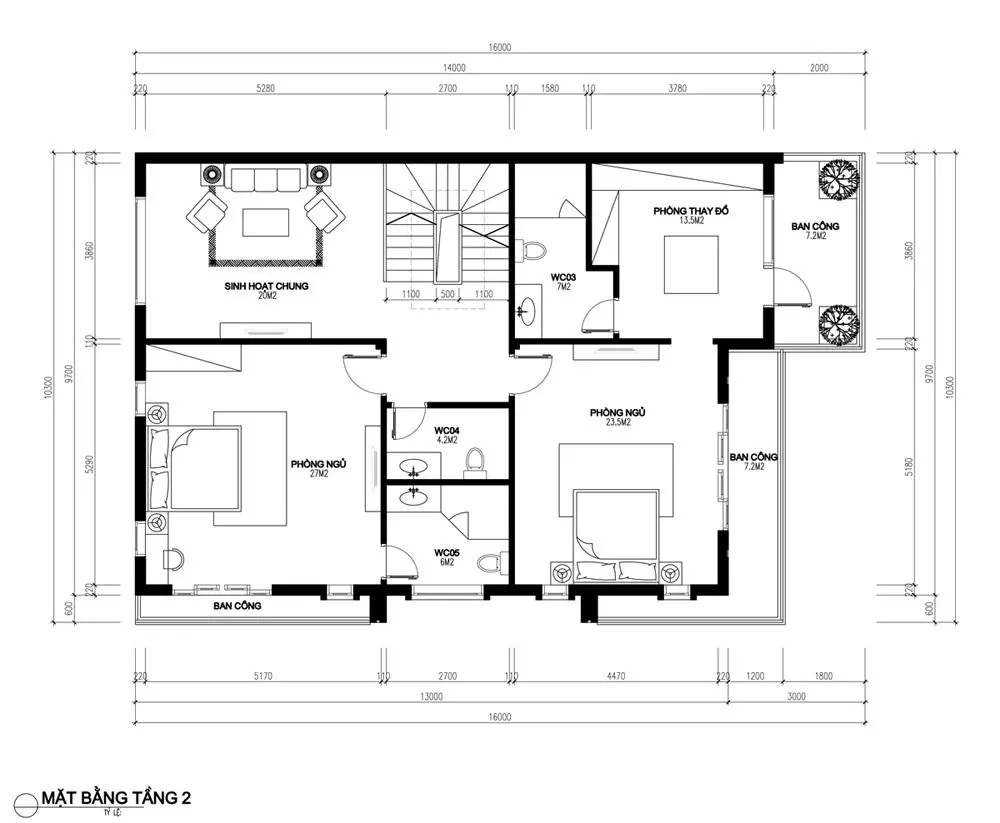 Mặt bằng tầng 2 nhà 3 tầng 2 mặt tiền hiện đại đẹp