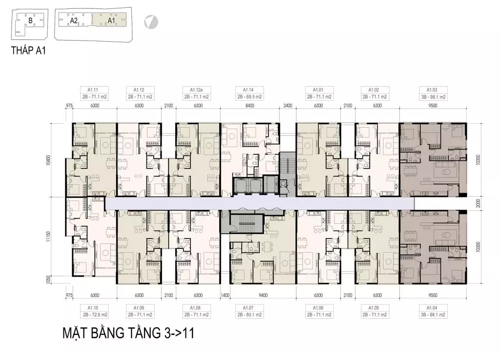 Mặt bằng căn hộ hai phòng ngủ của dự án