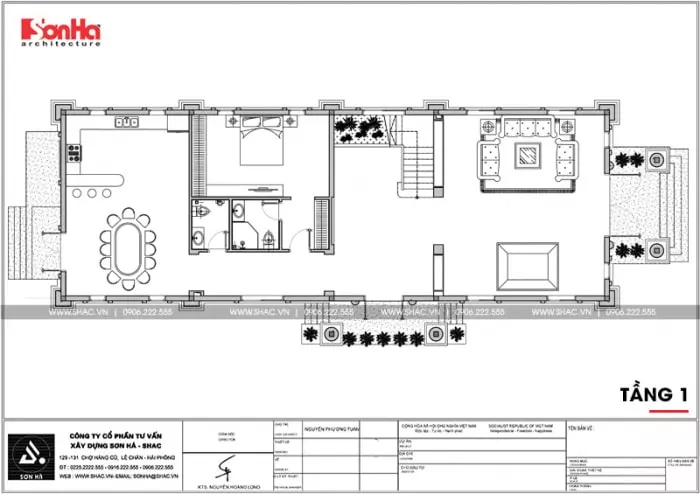 Bản vẽ tầng 1 của biệt thự cổ điển 3 tầng 10,3X28,6m