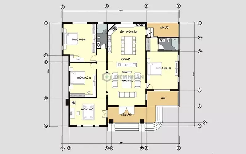 Bản vẽ biệt thự 1 tầng 4 phòng ngủ mái Thái