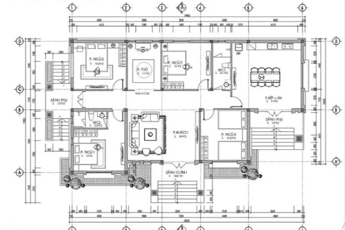 Bản vẽ mẫu biệt thự nhà vườn 1 tầng 4 phòng ngủ