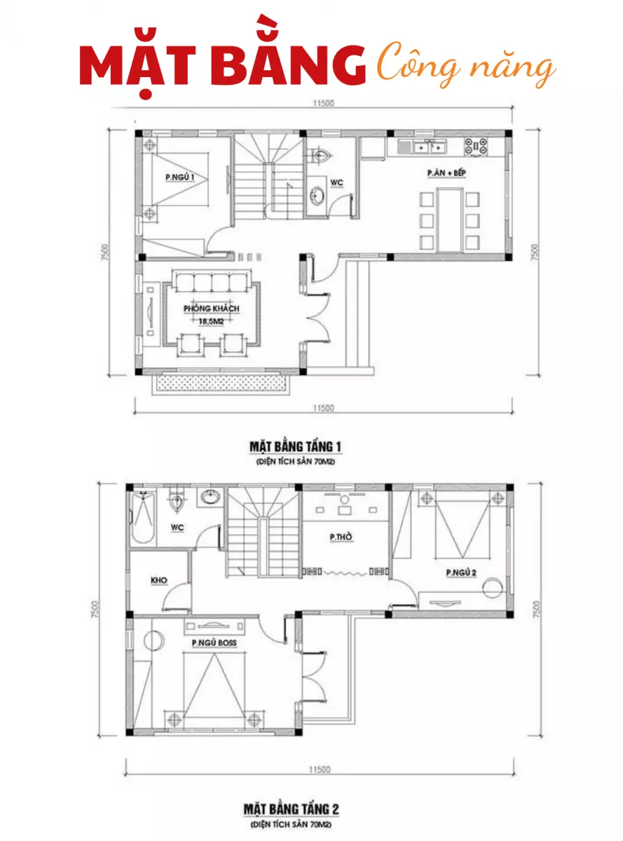 Mặt bằng công năng biệt thự 2 tầng 70m2