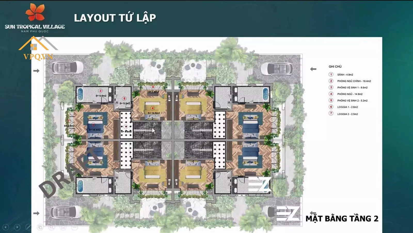 Thiết kế Layout tầng 1 biệt thự tứ lập Sun Tropical Village