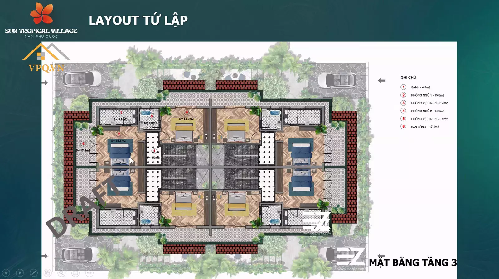 Thiết kế Layout tầng 2 biệt thự tứ lập Sun Tropical Village