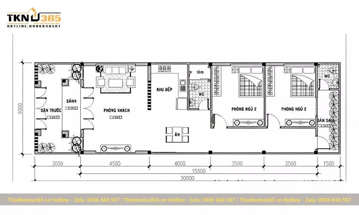 Bản vẽ nhà ống 1 tầng 2 phòng ngủ