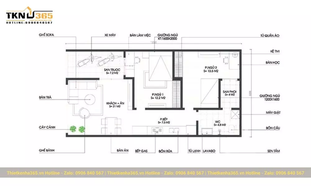 Bản vẽ nhà ống 1 tầng 2 phòng ngủ