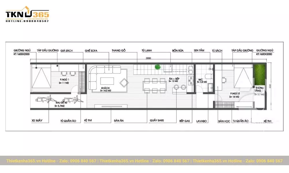 Bản vẽ nhà ống 1 tầng 2 phòng ngủ