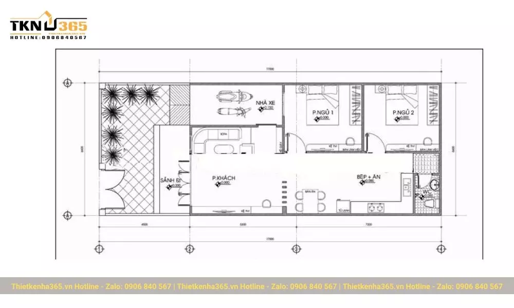 Bản thiết kế nhà ống 1 tầng 2 phòng ngủ