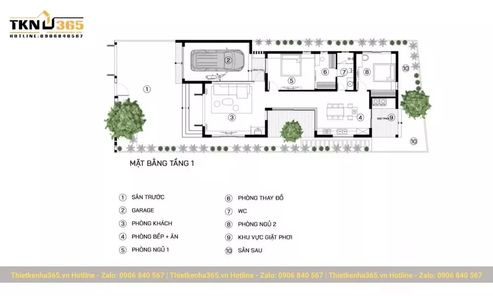 Bản vẽ thiết kế nhà 1 tầng 2 phòng ngủ